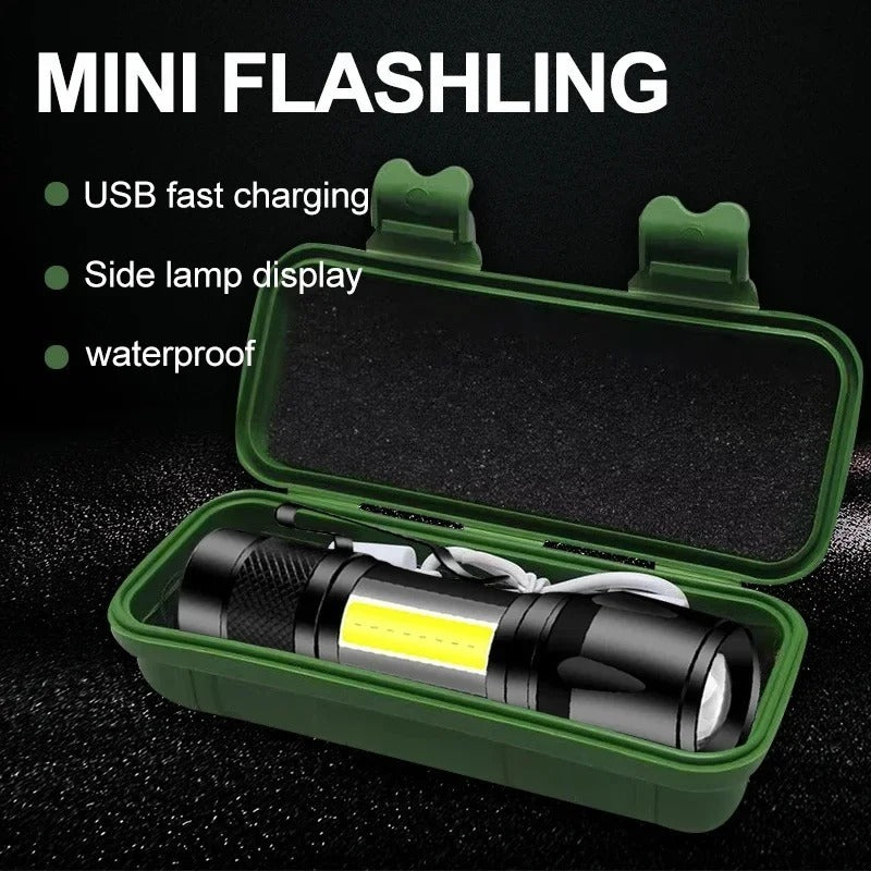 Portable LED Flashlight – Mini Rechargeable Torch With Side Light & Waterproof - Metal Body